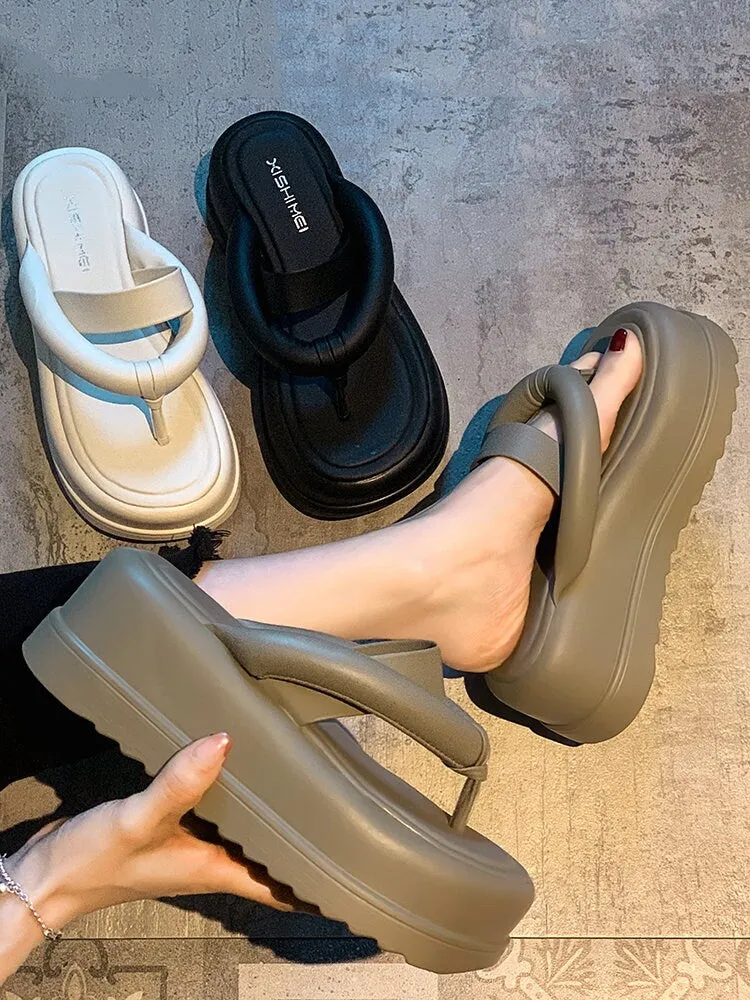 Split Toe Platform Slippers, Thick Sole Round Head Sandals, Open Toe Chunky Sole Slides, Thick Strap Band Flip Flop Creepers