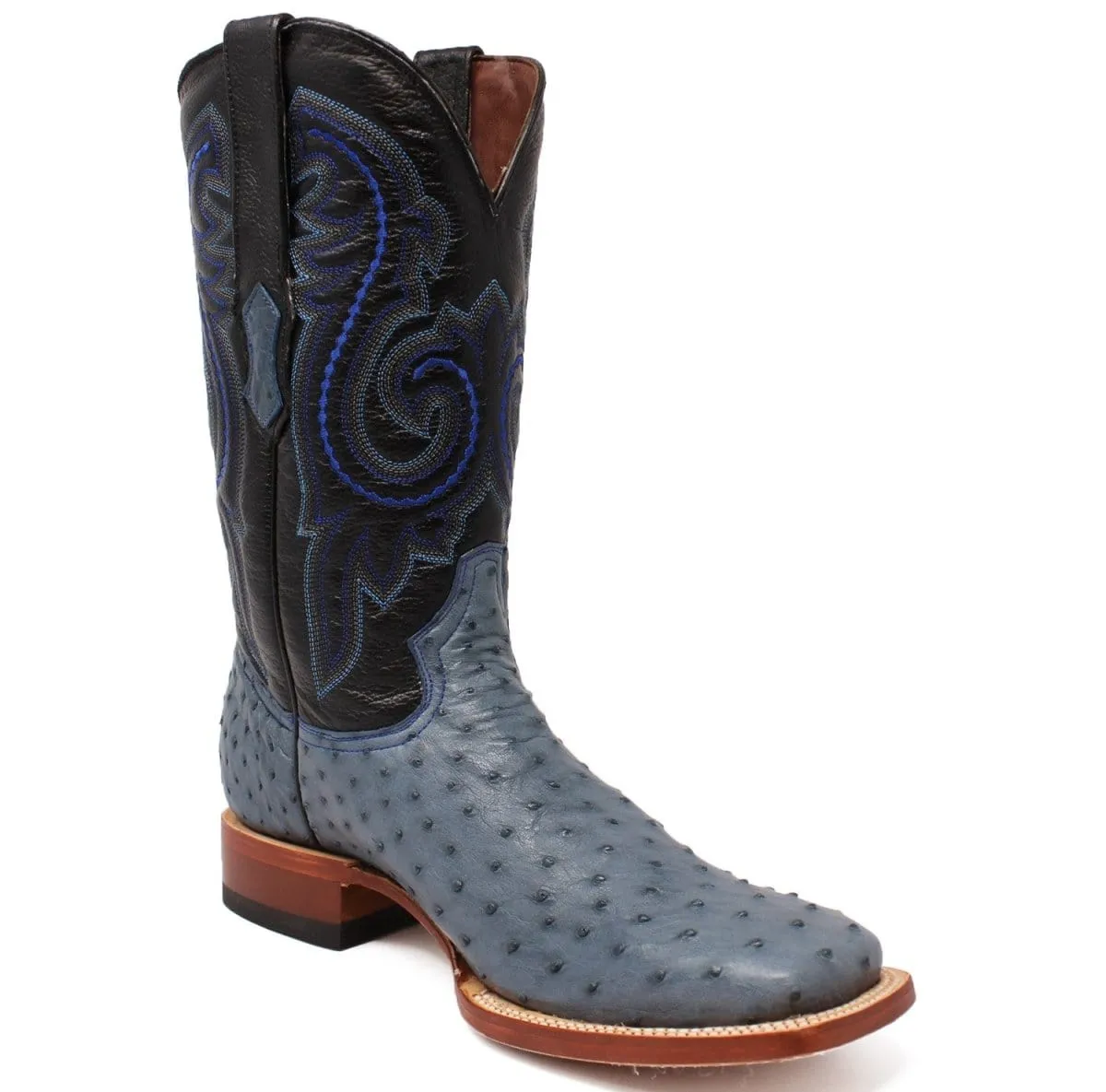 Tanner Mark Men's Genuine Full Quill Ostrich Square Toe Boots Blue JEAN TMX200502