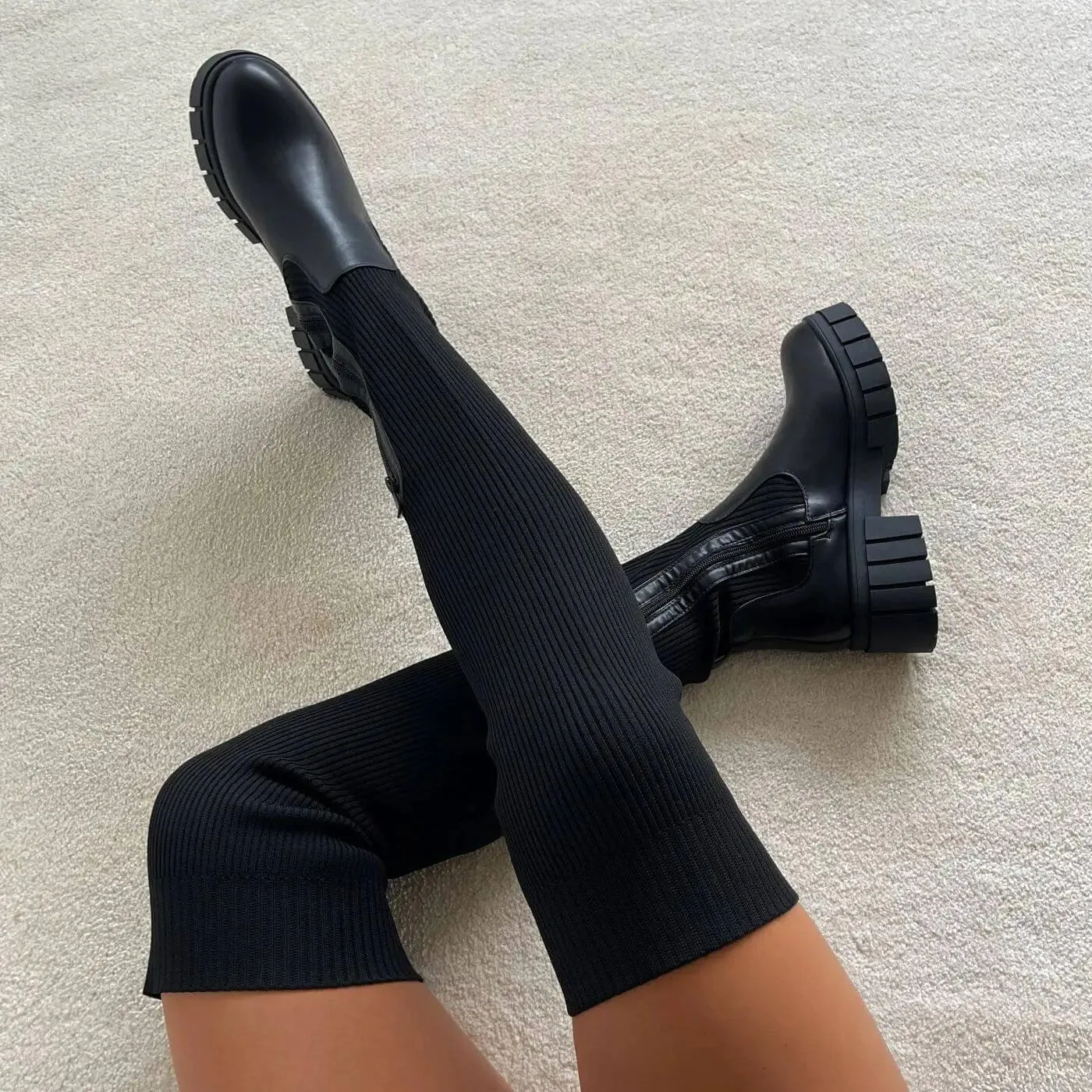 Thigh High Stretch Knit Boots