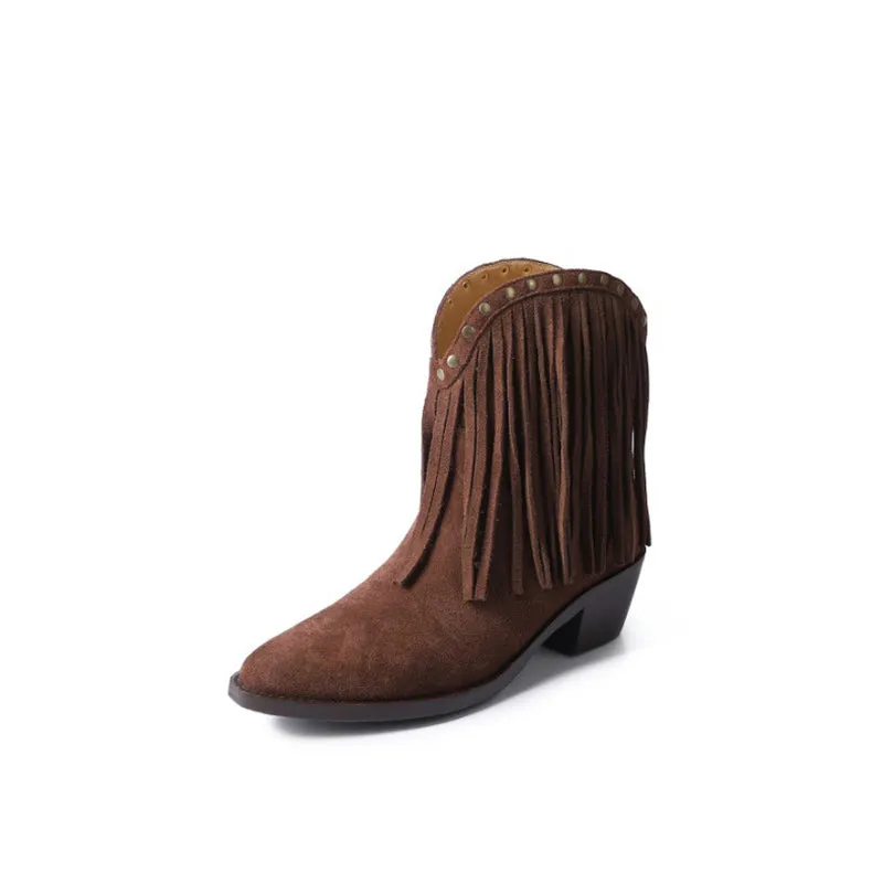 Western Square Toe Cowgirl Boots With Tassels Handmade Nubuck Ankle Boots for Women