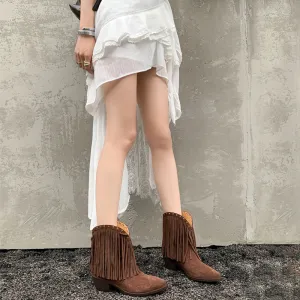 Western Square Toe Cowgirl Boots With Tassels Handmade Nubuck Ankle Boots for Women