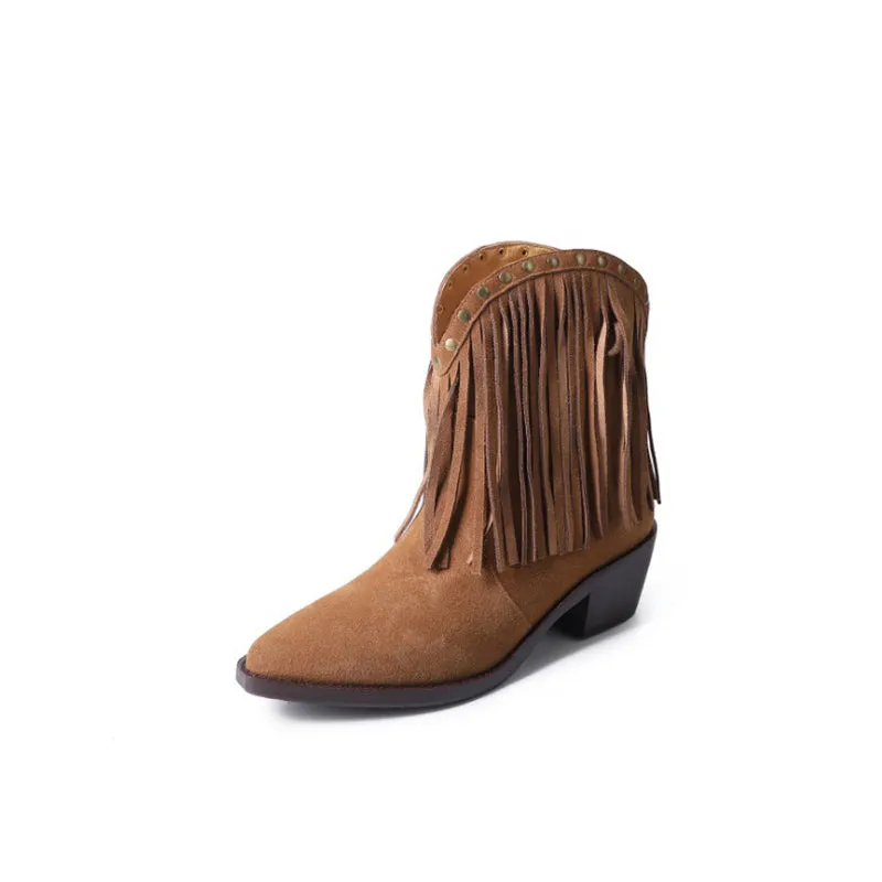 Western Square Toe Cowgirl Boots With Tassels Handmade Nubuck Ankle Boots for Women