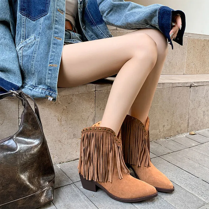 Western Square Toe Cowgirl Boots With Tassels Handmade Nubuck Ankle Boots for Women