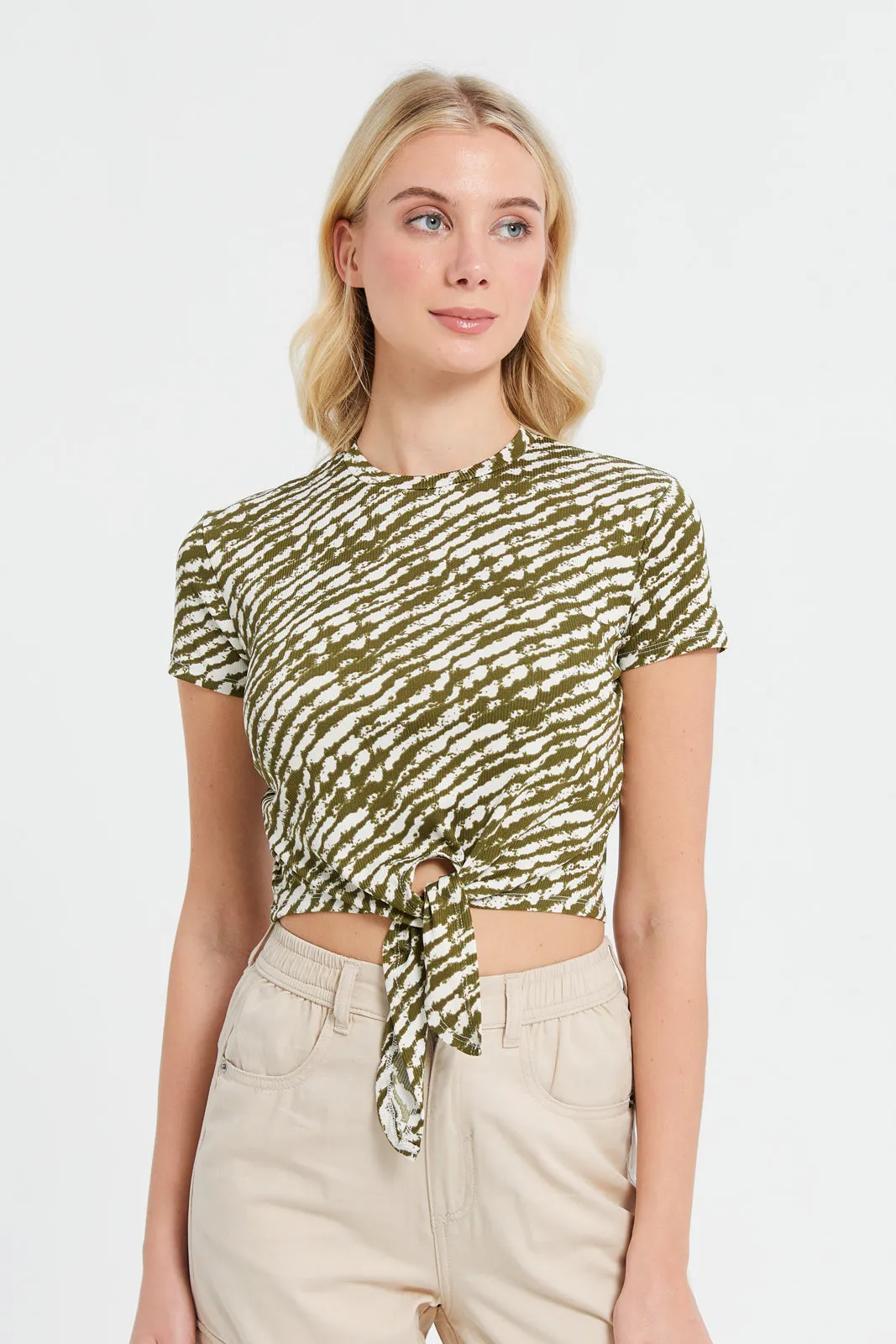 Woman Olive And Beige Printed Rib Top