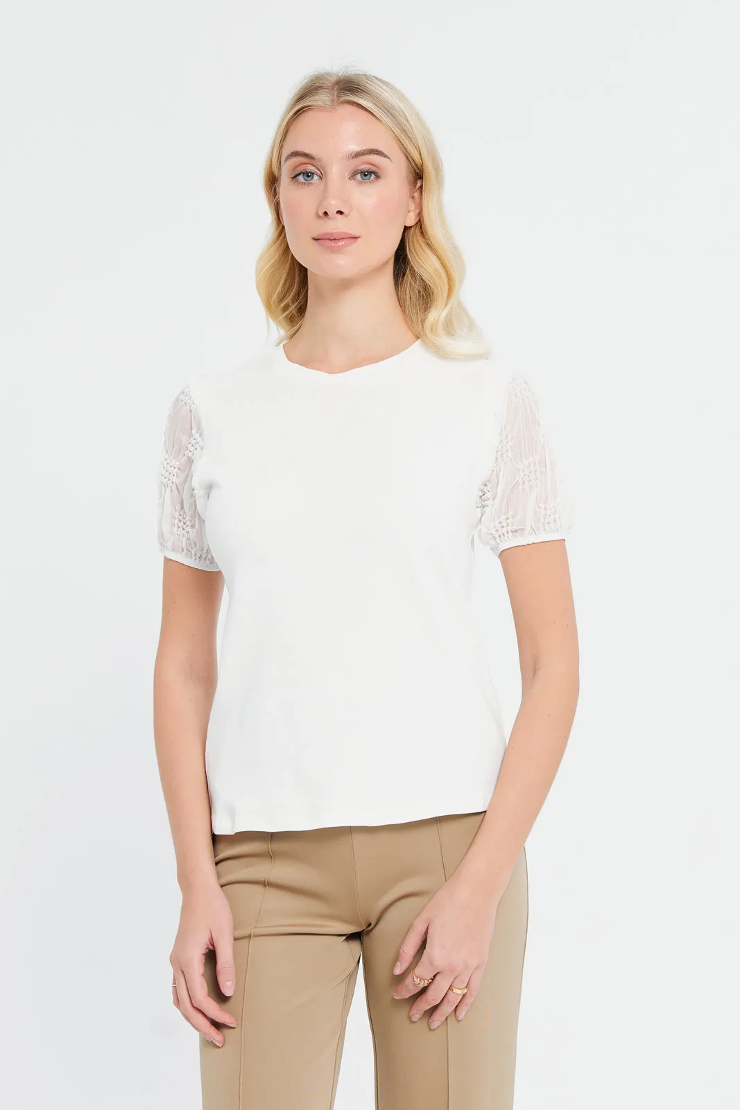 Woman White Jacquard Sleeves Top