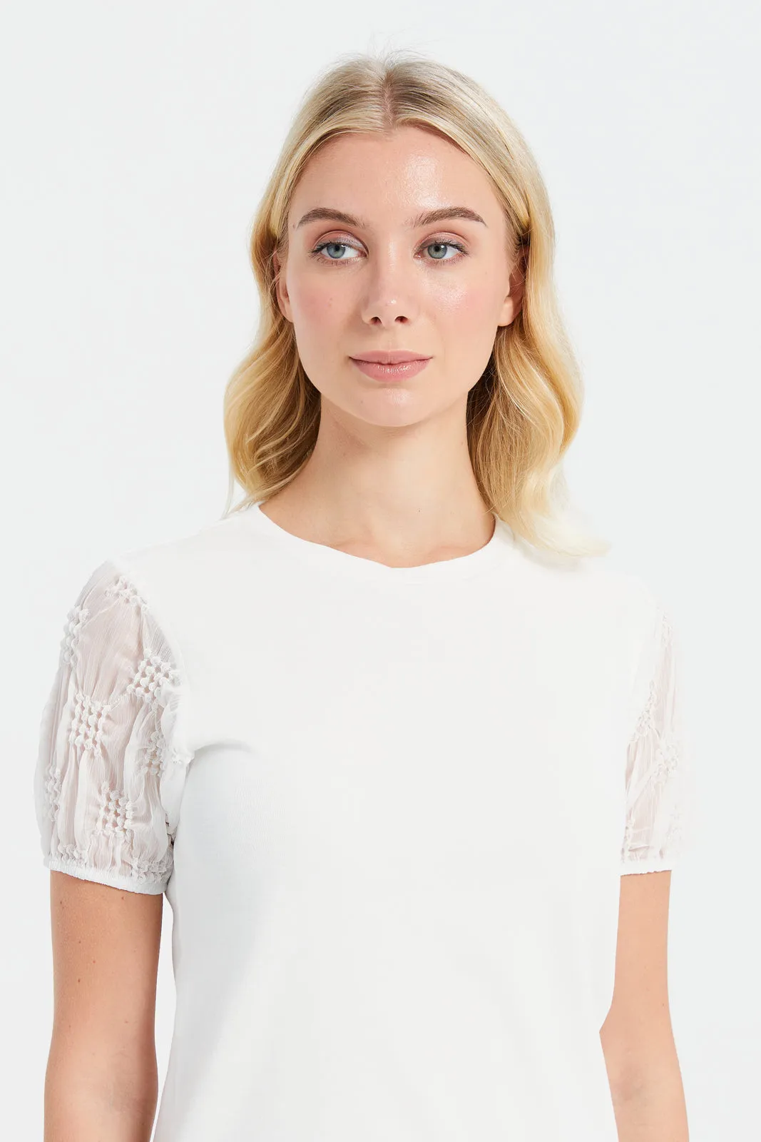 Woman White Jacquard Sleeves Top