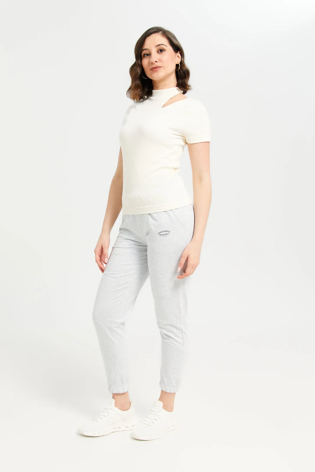 Women Cream Ribbed Cutout T-Shirt