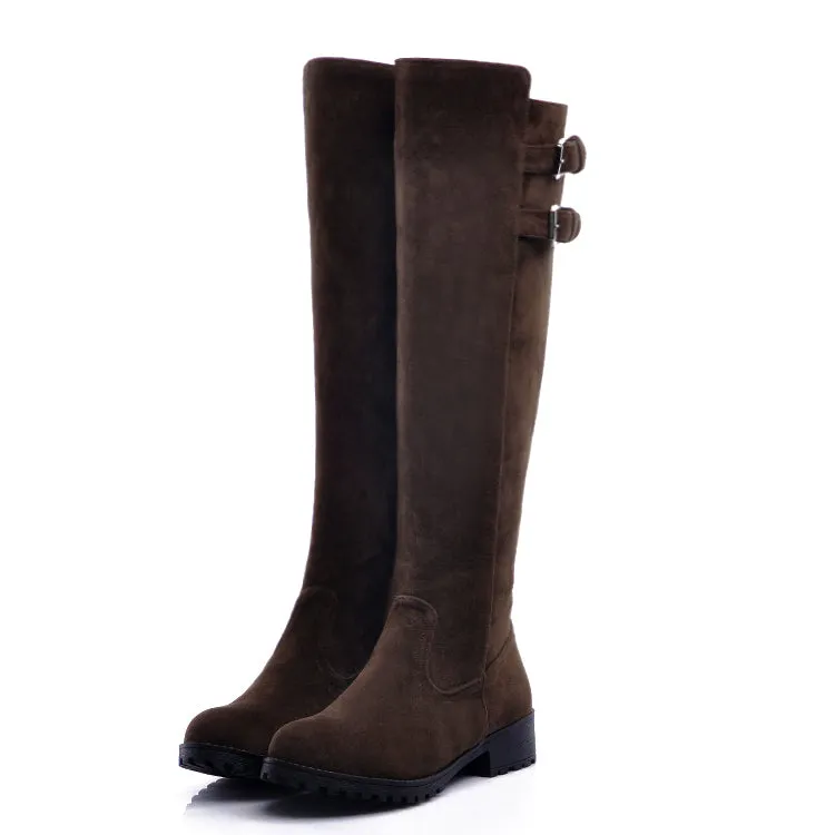 Women's Buckle Suede Low Heel Knee High Boots