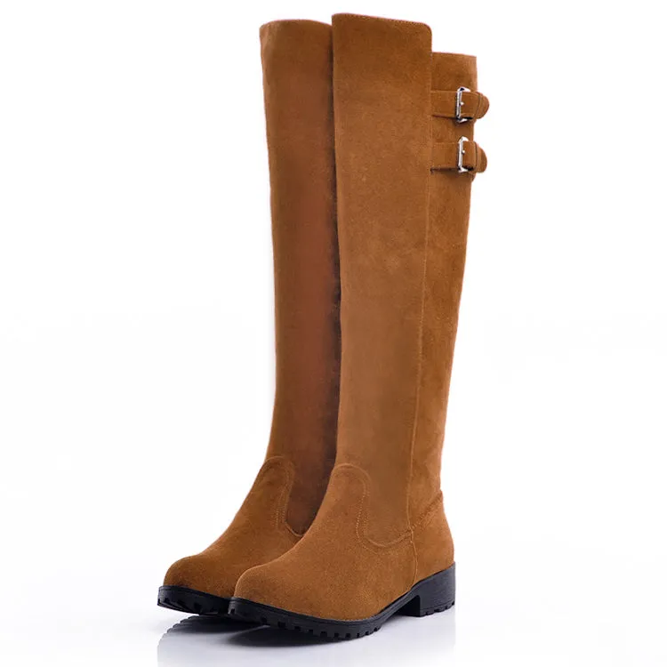 Women's Buckle Suede Low Heel Knee High Boots