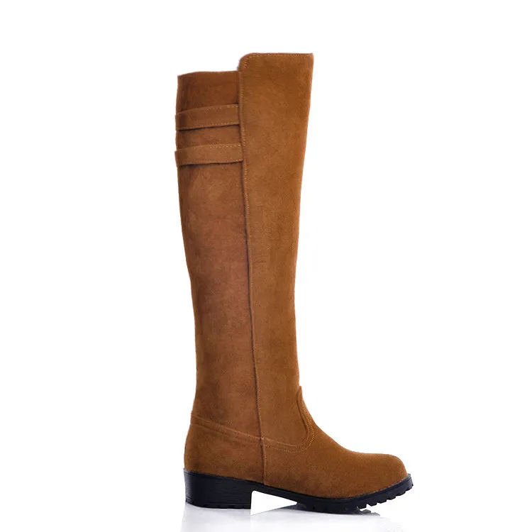 Women's Buckle Suede Low Heel Knee High Boots