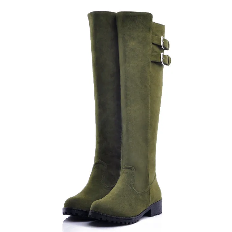 Women's Buckle Suede Low Heel Knee High Boots