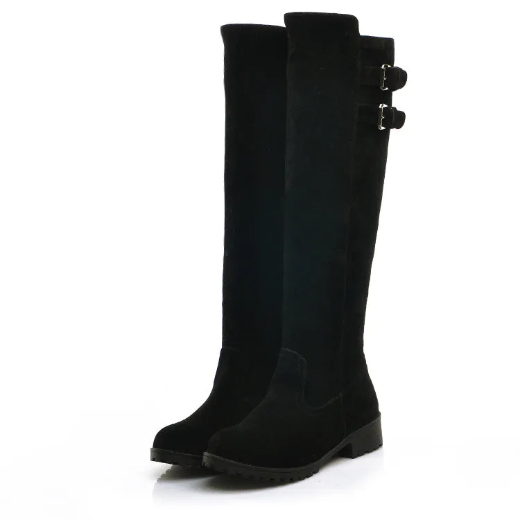 Women's Buckle Suede Low Heel Knee High Boots