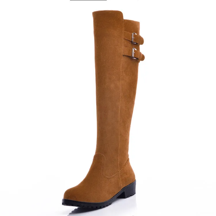 Women's Buckle Suede Low Heel Knee High Boots