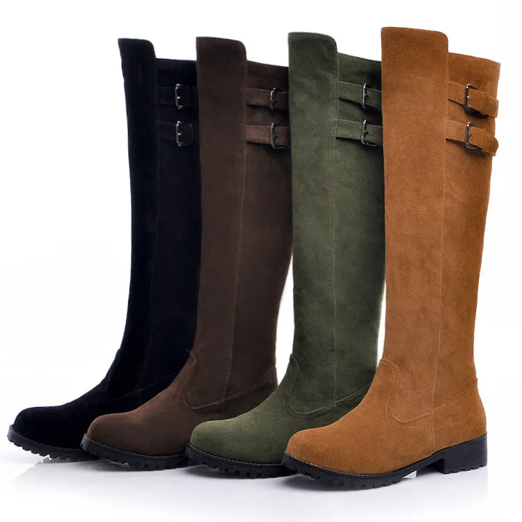 Women's Buckle Suede Low Heel Knee High Boots