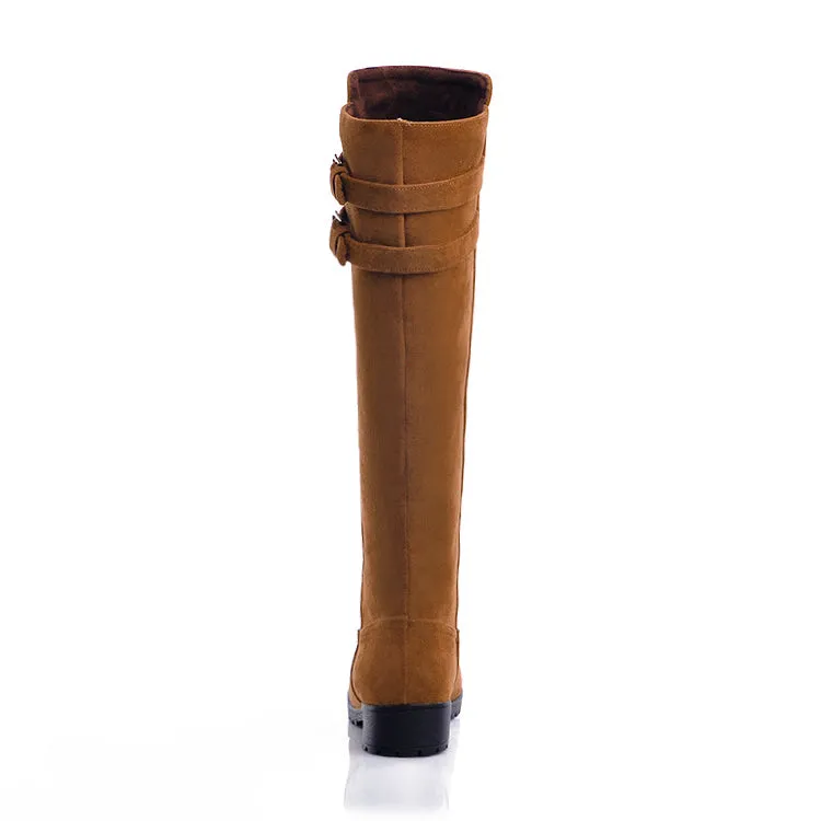 Women's Buckle Suede Low Heel Knee High Boots