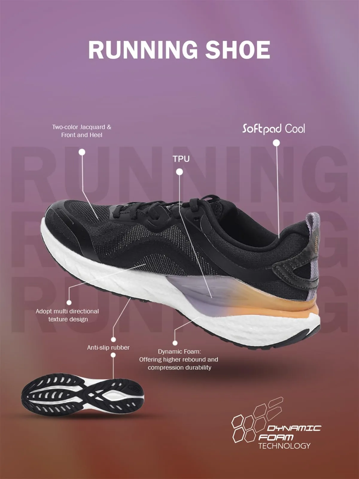 XTEP Black,Wind Purple Dynamic Foam Cushioning & Rebound Running Shoes for Women Euro- 39